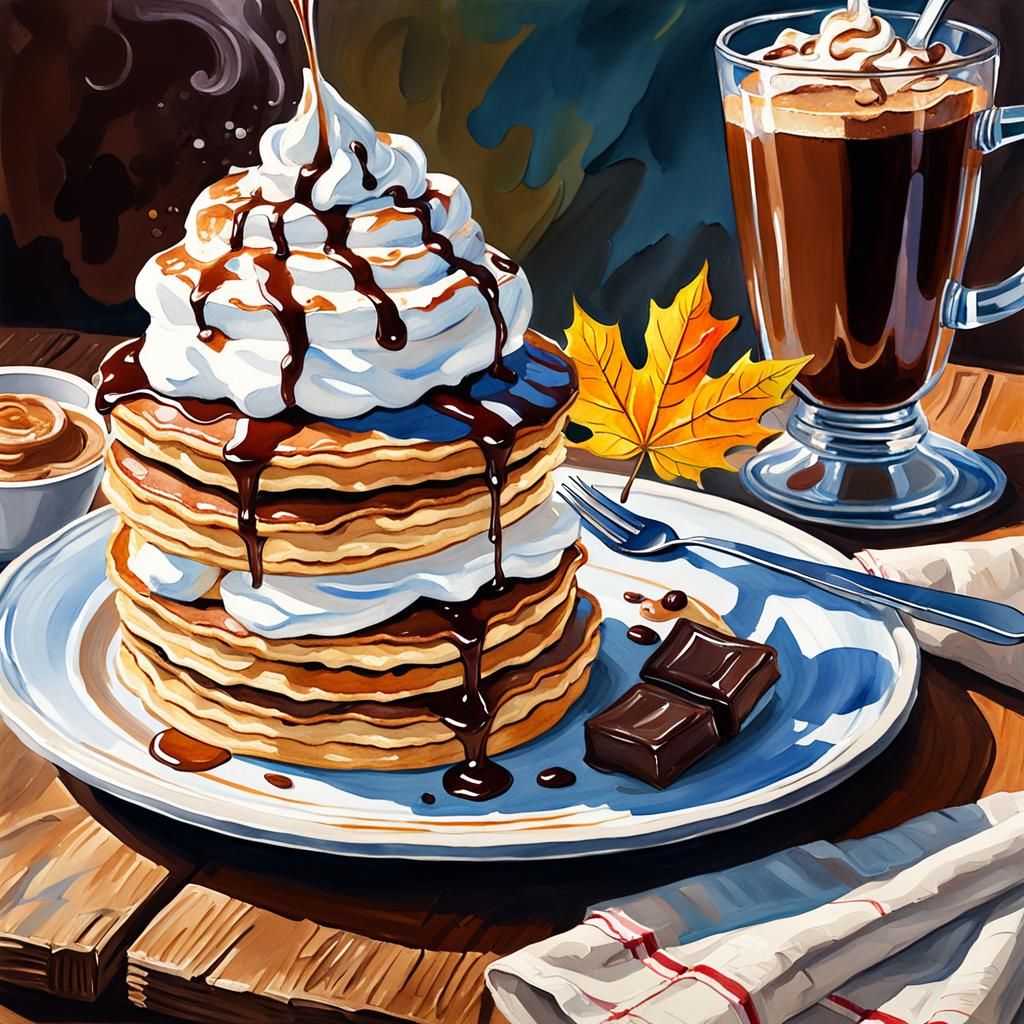Pancakes with Syrup in Gouache Watercolor Style