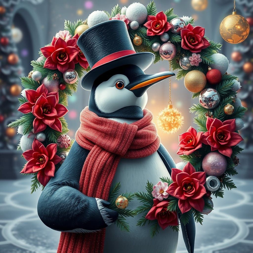 Penguin shows off a festive wreath