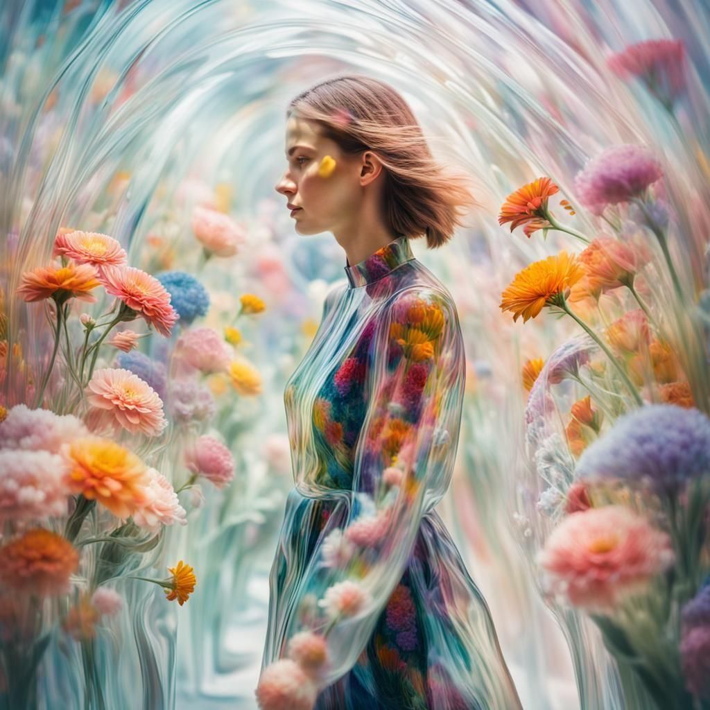 Surreal Glass Woman Distorting Flowers