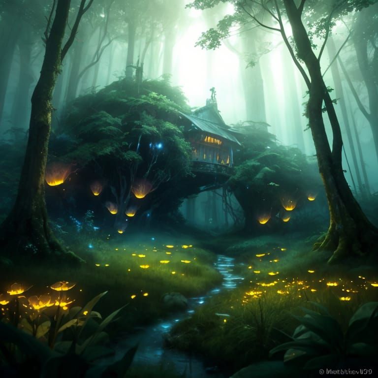 Fireflies Dance in Enchanting Forest: Magical Realism