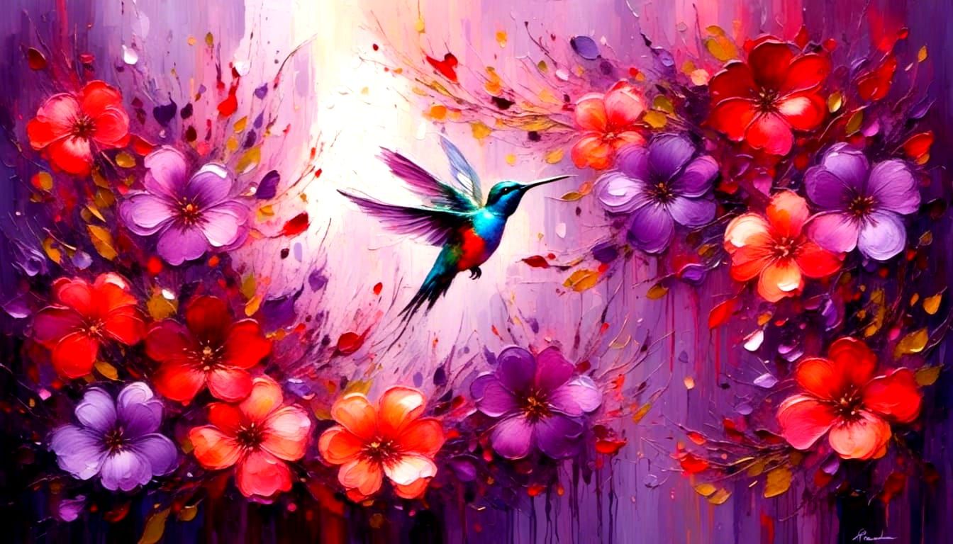 Hummingbirds Feed on Giant Bloom: Oil on Canvas