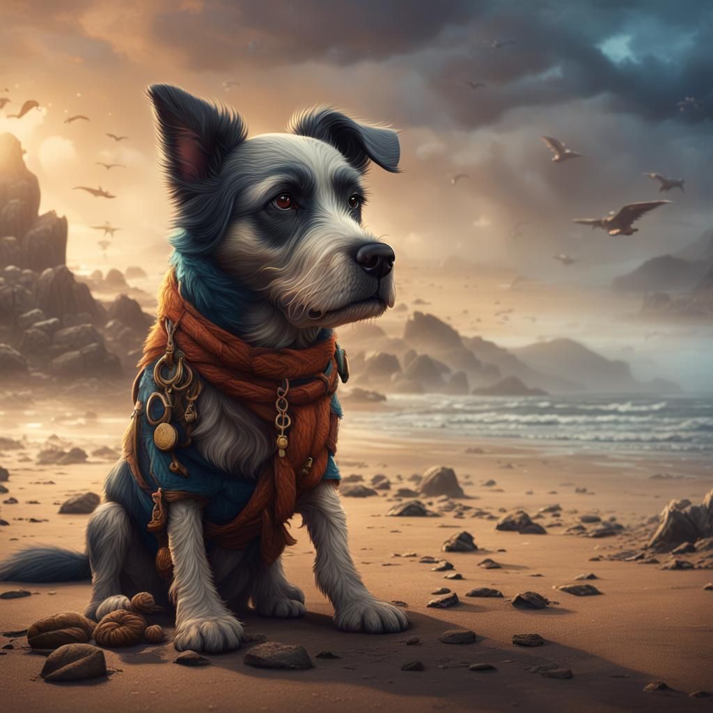 Lost Dog on Beach in Detailed Fantasy Art