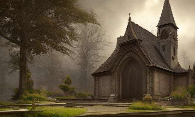 Dark Fantasy Cathedral with Pond and Garden