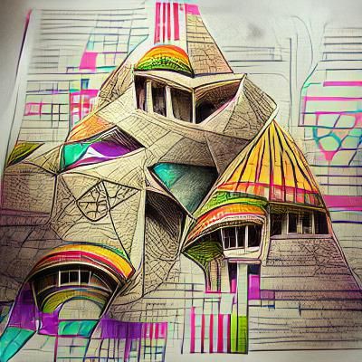 Psychedelic Architectural Sketch in Mixed Media