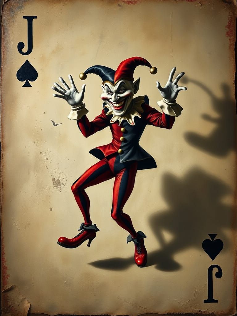 Harlequin Dancer on Playing Card with Corner 'J's