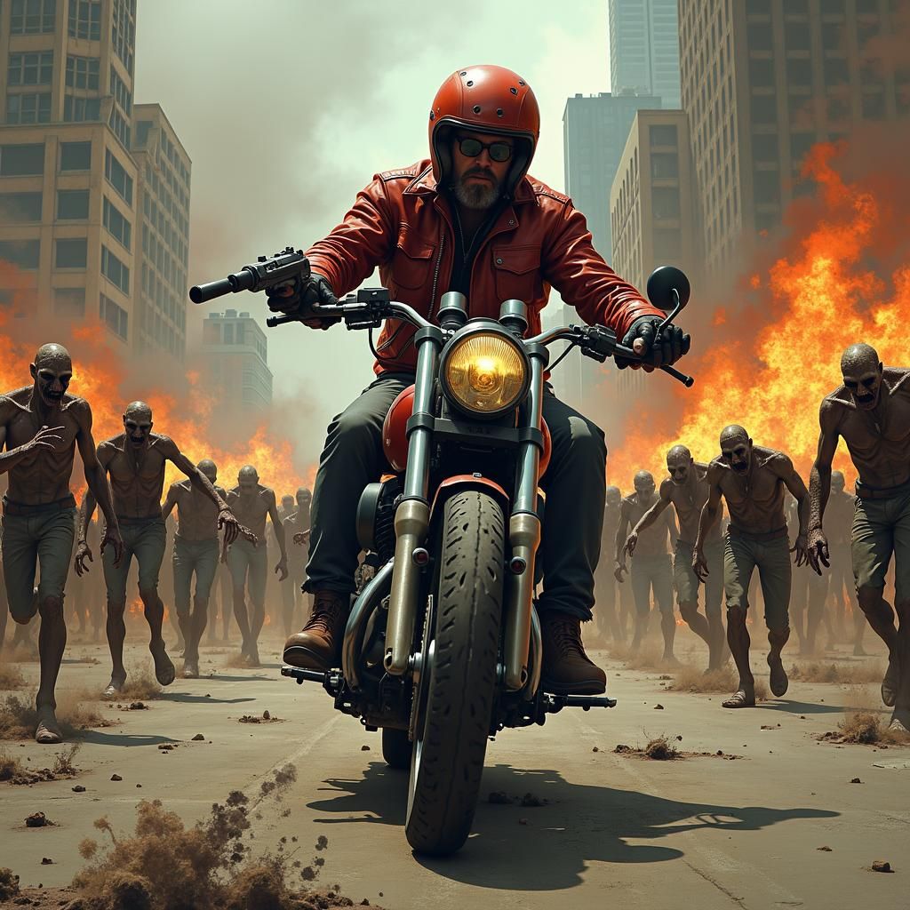 Motorcyclist vs Zombies in Post-Apocalyptic Cityscape