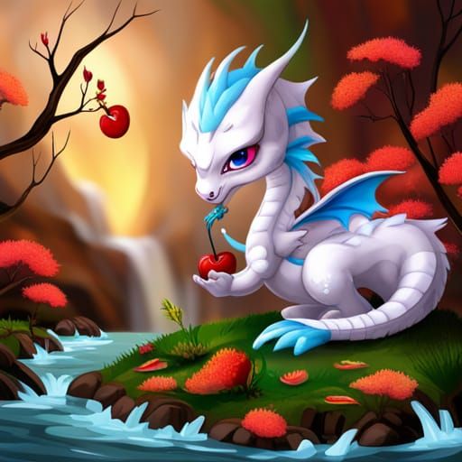 White Dragon Picking Cherries in Ethereal Landscape