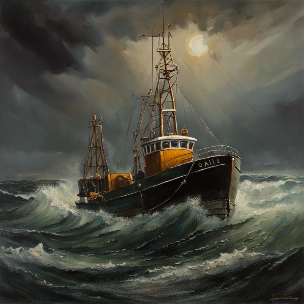 Trawler Fishing in Heavy Seas Oil Painting