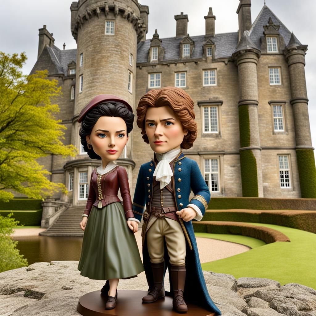 Bobble head Jaime and Claire Fraser from outlander in front of a Scottish castle intricate details, HDR, beautifully sho...