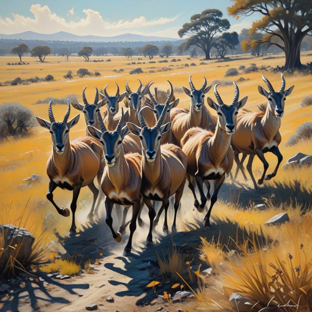Antelope Herd Galloping Across Plains in Graffiti Style