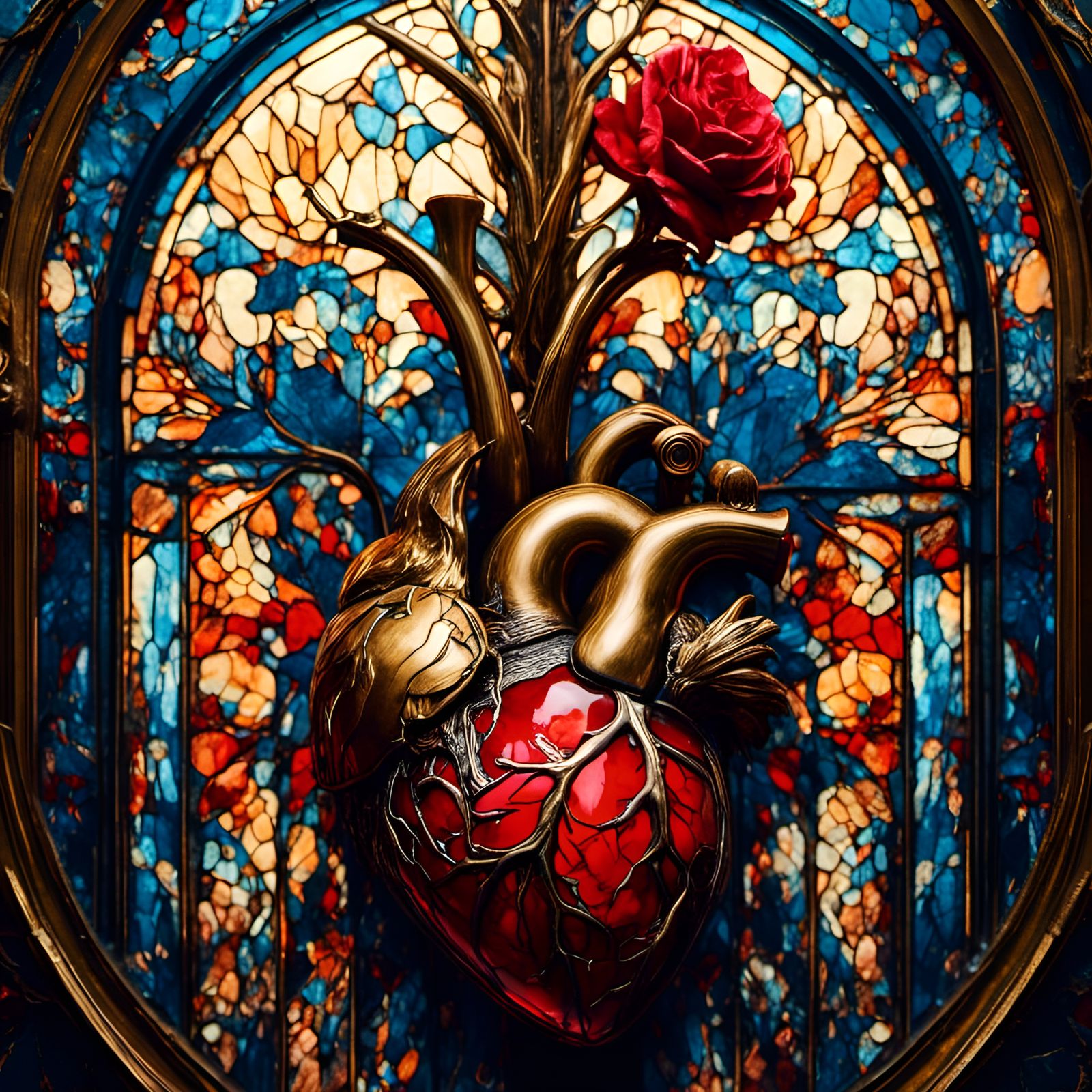 Floral Stained Glass Heart in Anime Style
