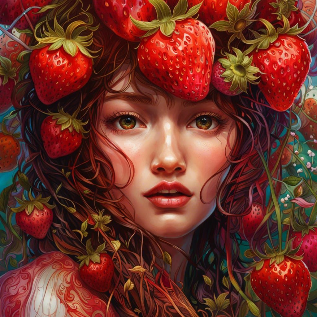 Strawberry Portrait with Expressive Face, Digital Art