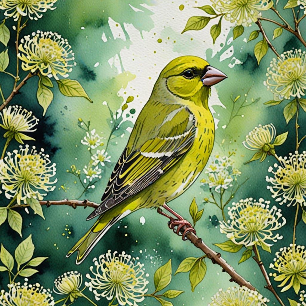 Bird in Vibrant Watercolour Elderflower Scene