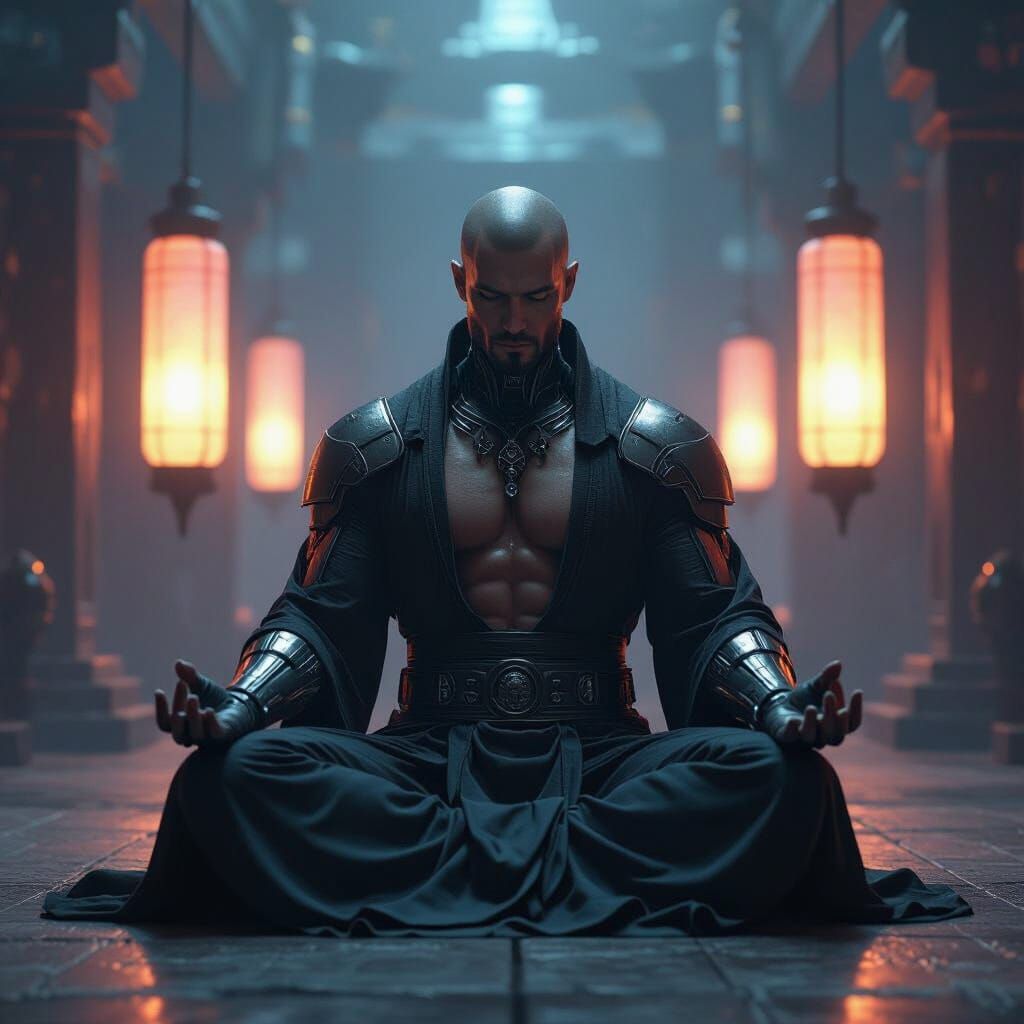 Cyborg Monk Meditating in Futuristic Temple