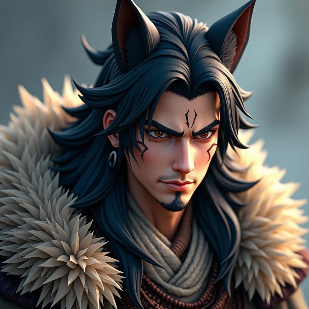 Wolf-Eared Man with Scar in Anime 3D Style