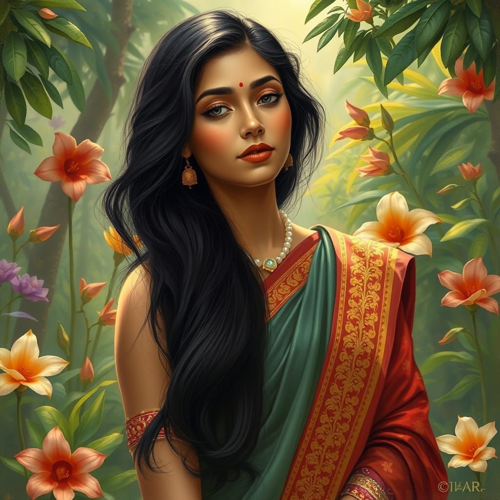 A serene South Asian woman with long, flowing black hair stands in a lush, vibrant garden, surrounded by exotic flowers ...