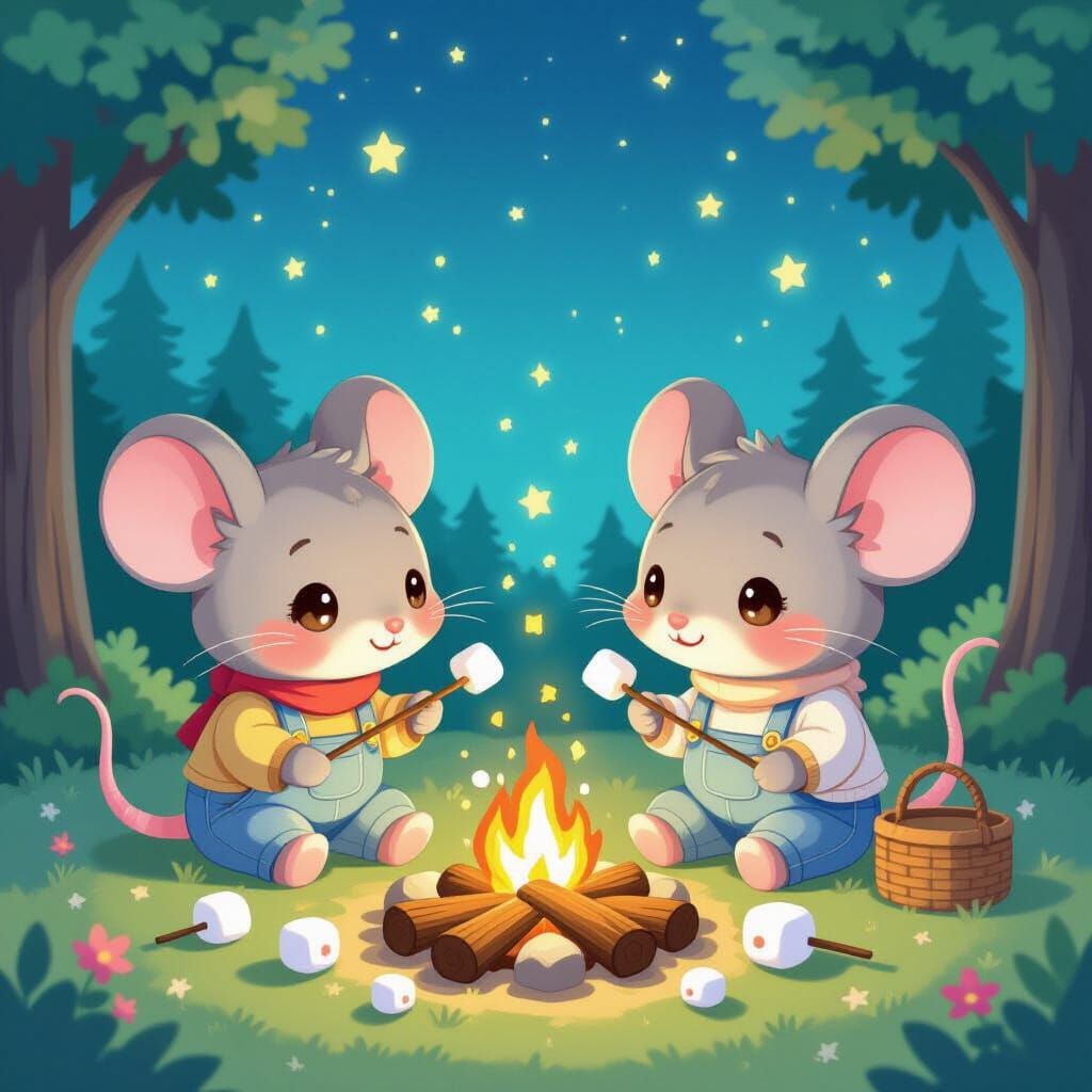 Cartoon Mice Roast Marshmallows: Kawaii Anime Aesthetic