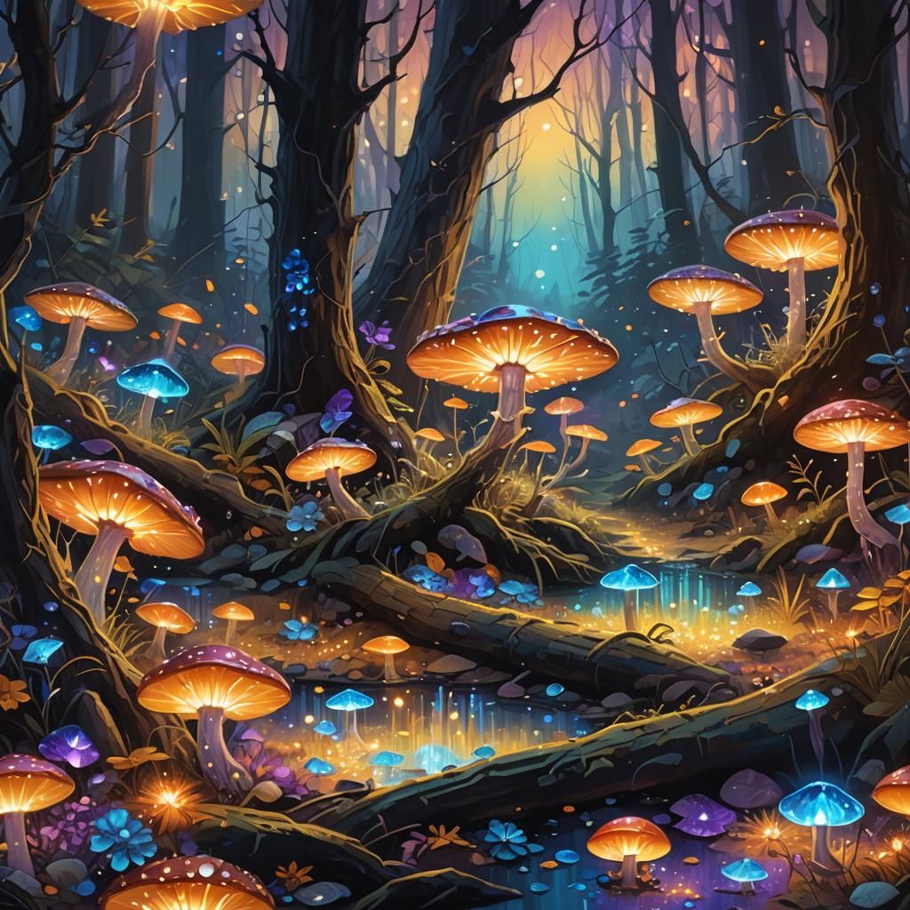 Mystic Forest with Bioluminescent Crystals and Fungi