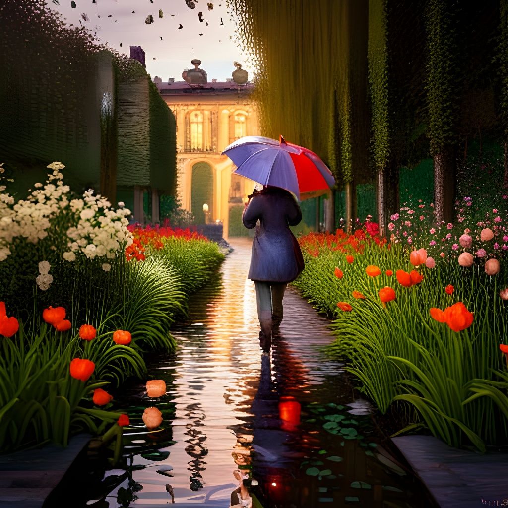 Rainy Garden Scene in Art Nouveau Style