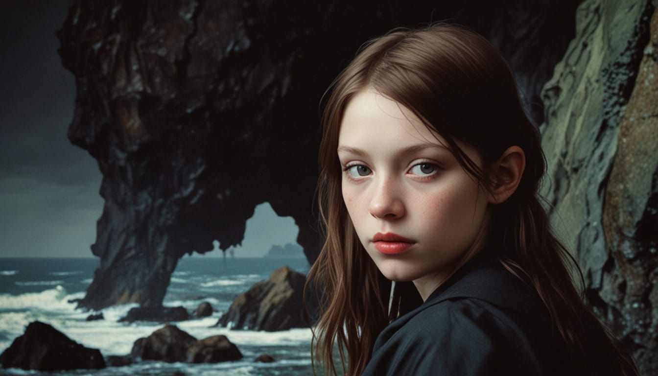 Pirate Maiden on Rocky Coast in Dark Medieval Oil Portrait