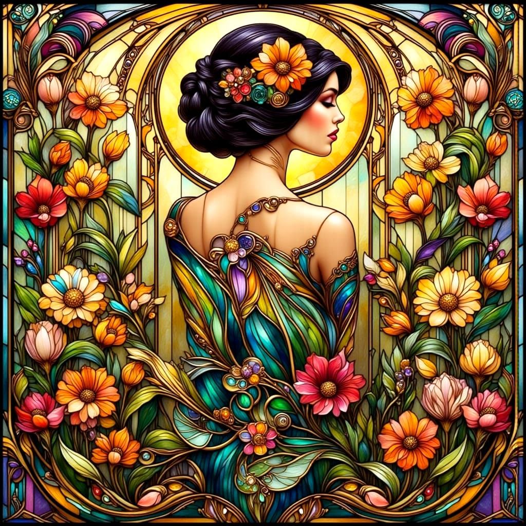 Vibrant Art Nouveau Stained Glass Masterpiece