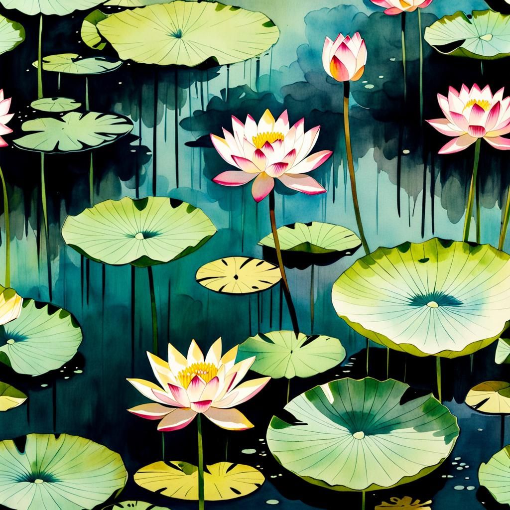 Muted Chinese Ink Painting of Lotus Flowers