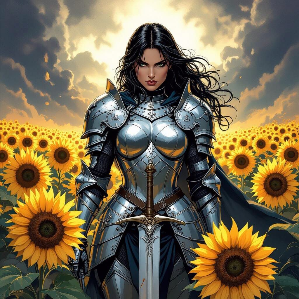 Female Knight in Sunflower Field Heavy Metal Comic Style