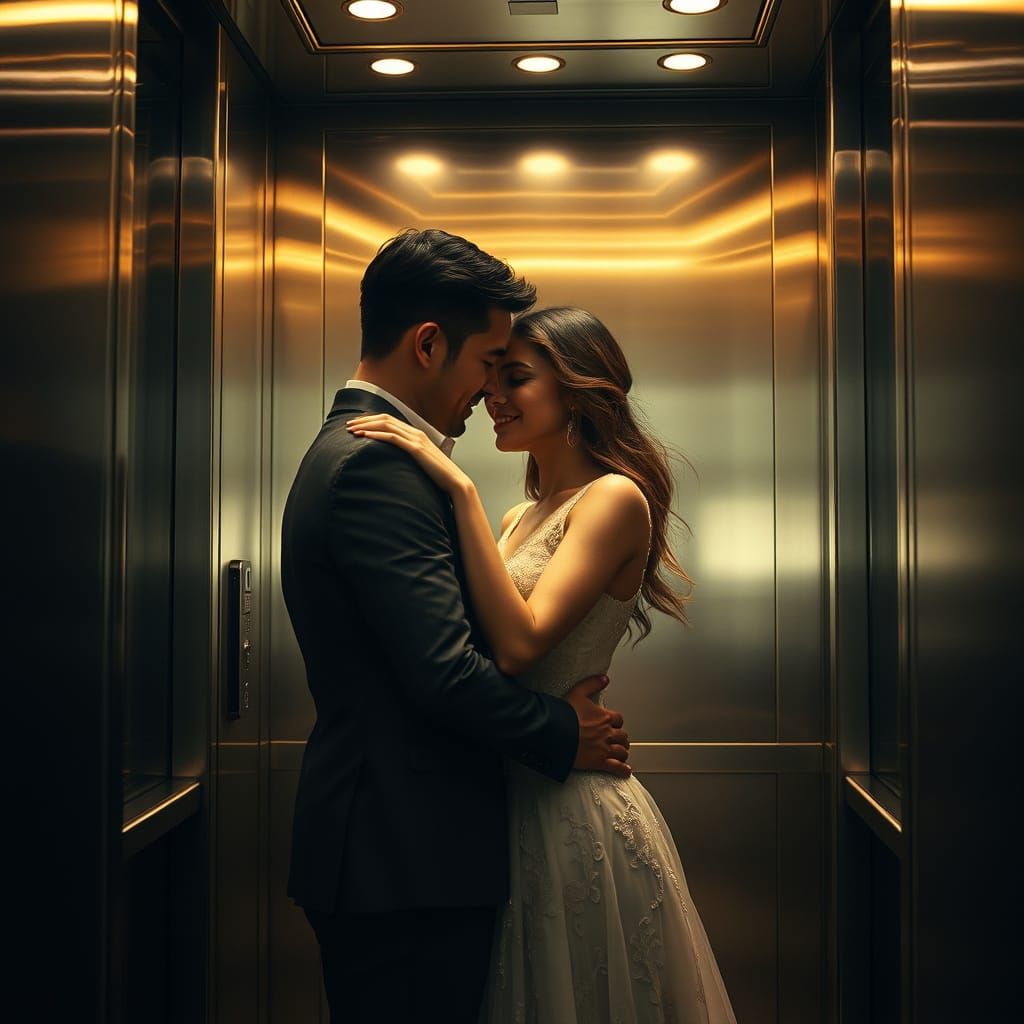 Romantic Embrace in Luxurious Elevator, Hyperrealistic Detai...