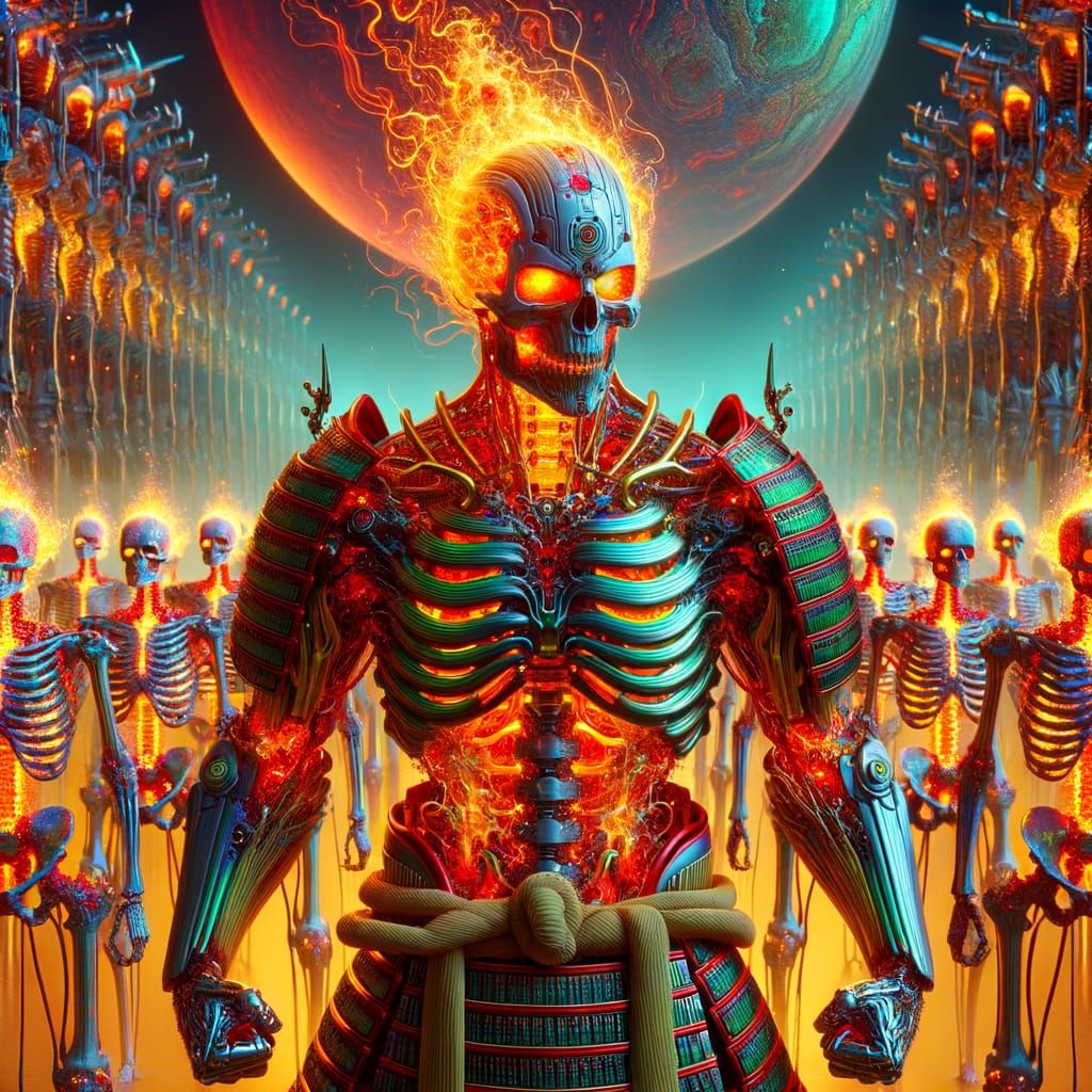 Cyborg Samurai Confronts Blazing Skeleton Army in Neon-Lit A...
