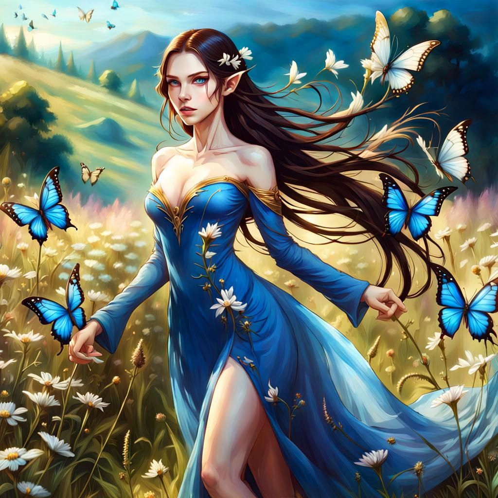 Majestic Elf with Golden Scars in Meadow