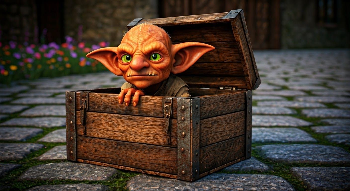 Goblin Concealed in Crate on Medieval Road