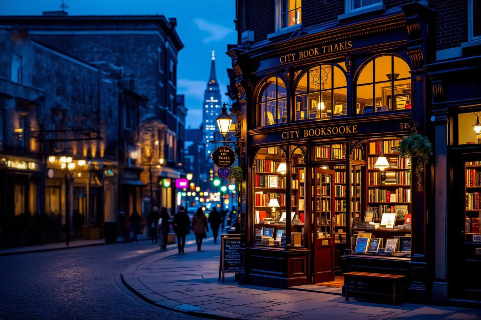 Cozy Bookstore on a Bustling City Street