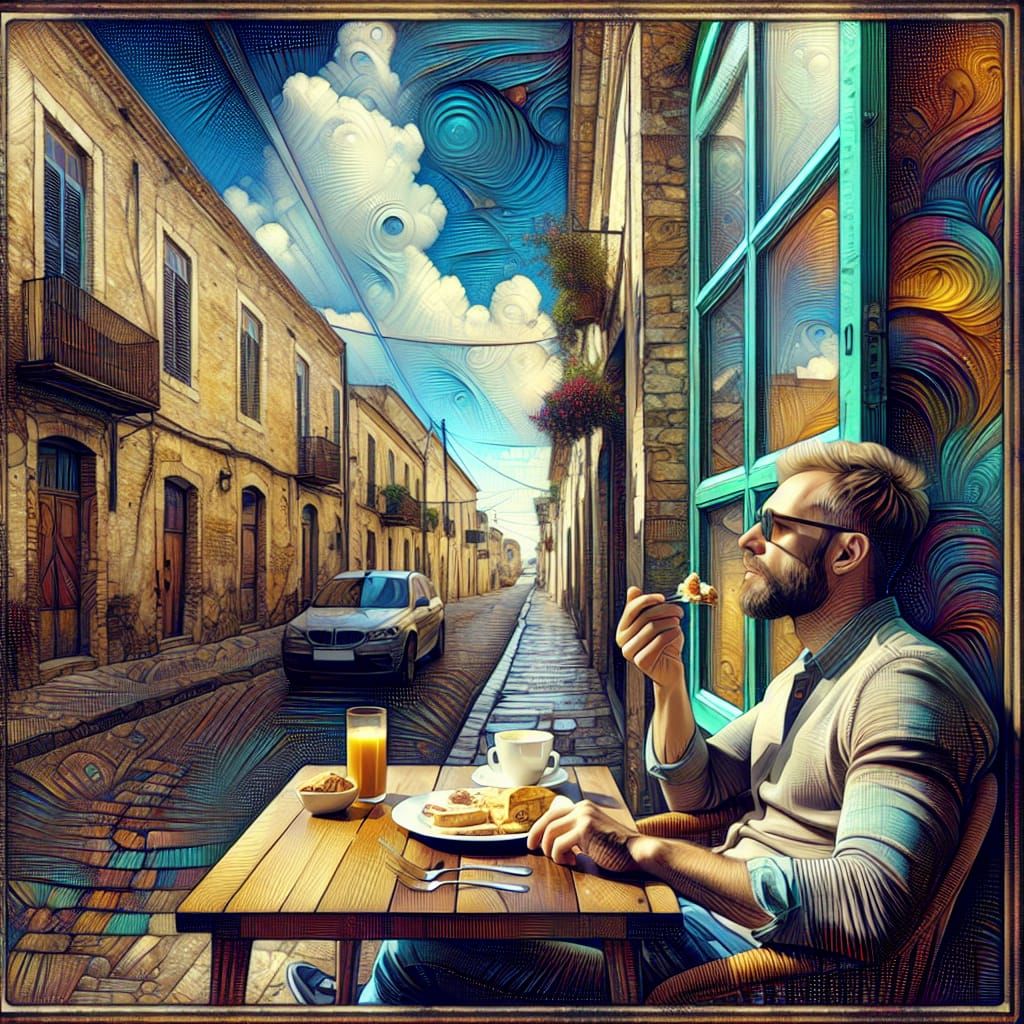 Man's Breakfast in Ancient Town: Abstract Urbanesque Art