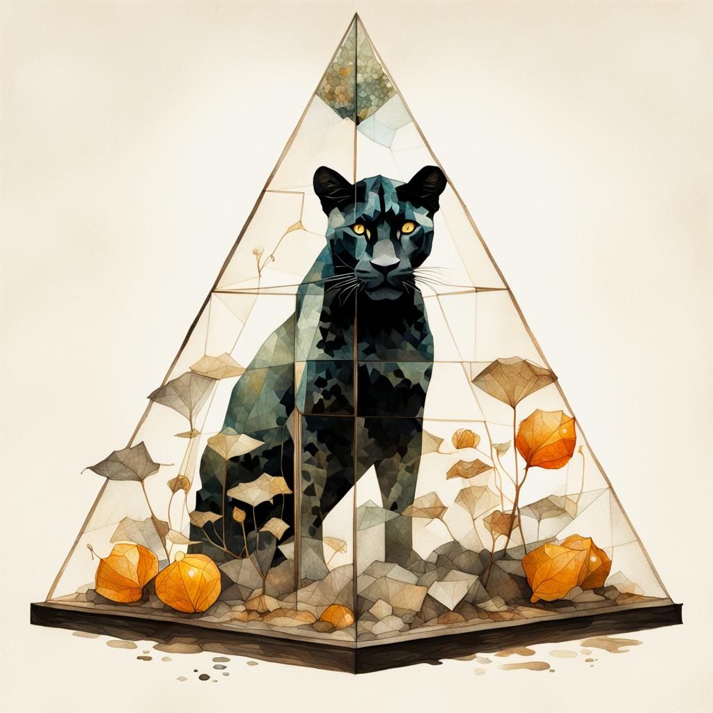 Panther and Physalis in Art Nouveau Watercolor