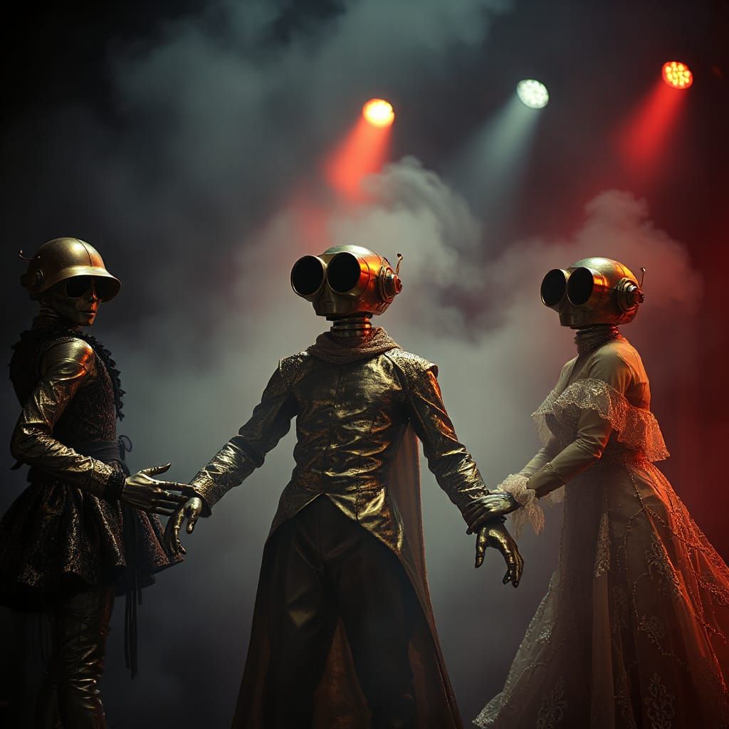 Surreal Theater Scene with Anthropomorphic Car Mufflers in D...