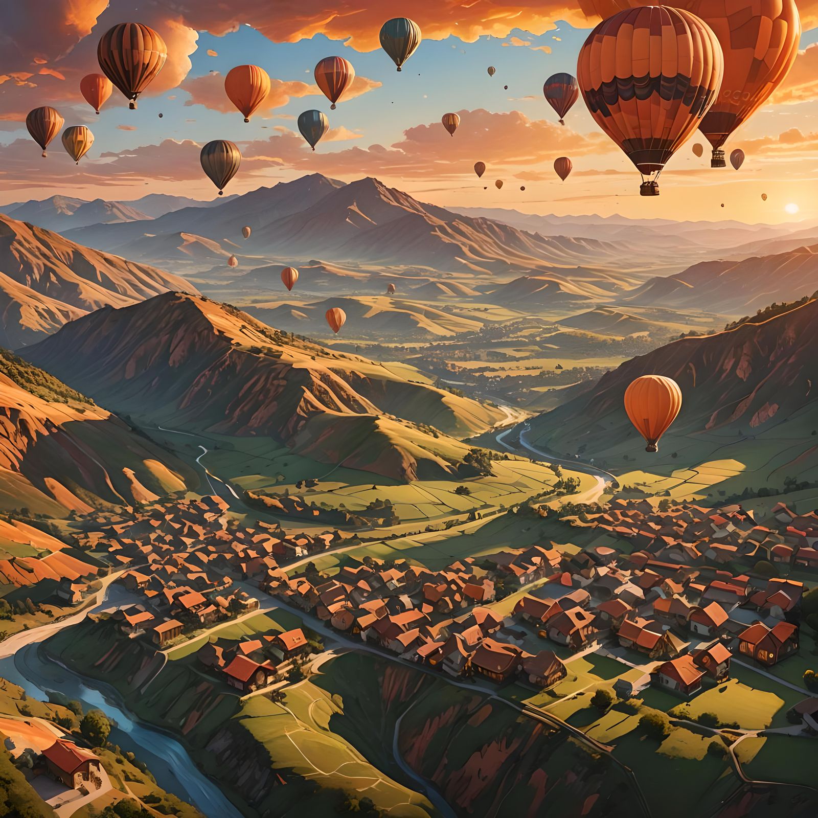 Orange Valley Sunset: Hyperrealistic Landscape with Balloons