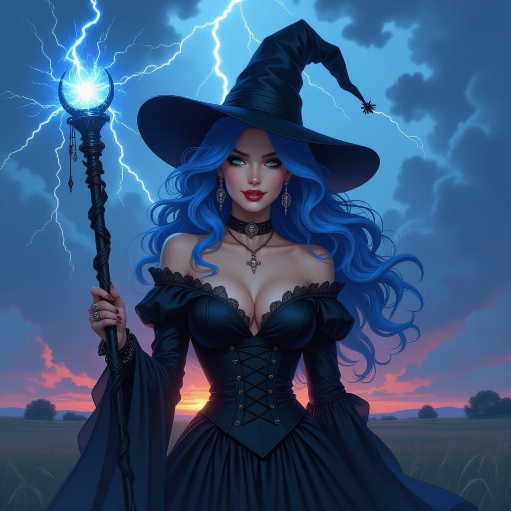 Lightning Witch with Blue Hair in Dramatic Light