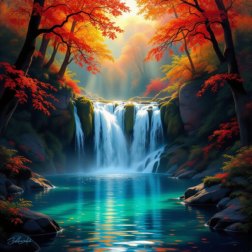 Serene Autumn Waterfall in Ethereal Light