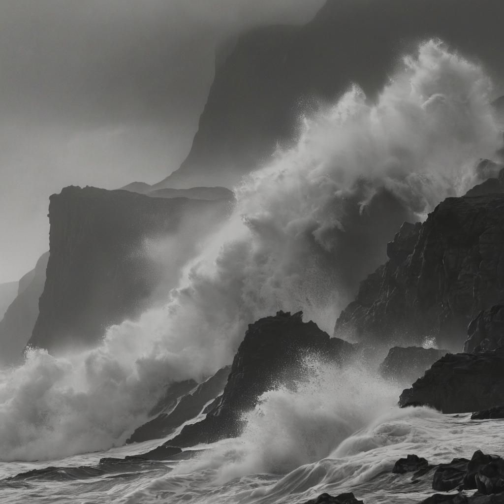 Dramatic Waves Crash Against Black Cliff Face