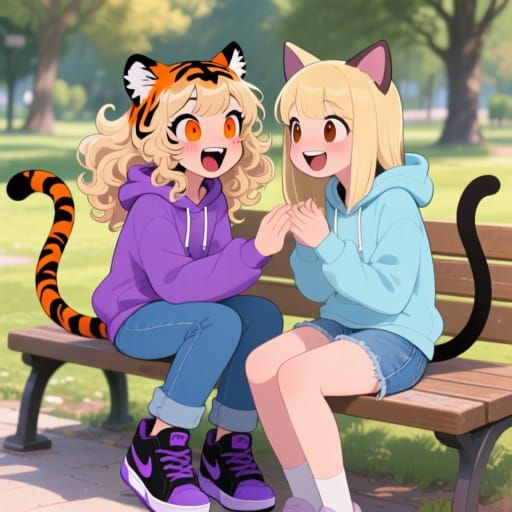 Two Girls Chatting in a Park, Cartoon Style