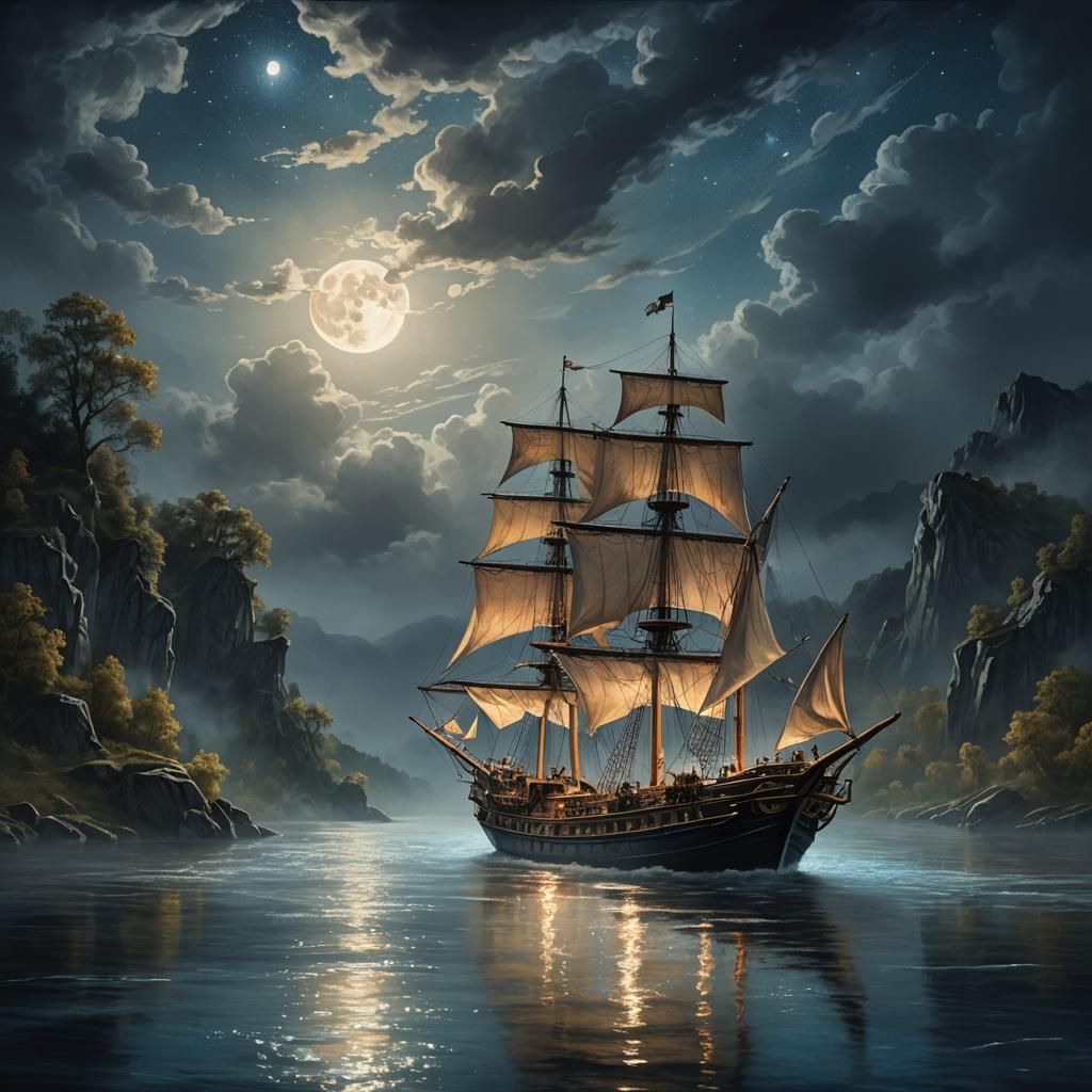 Magical River Sailing Scene in Fantasy Style