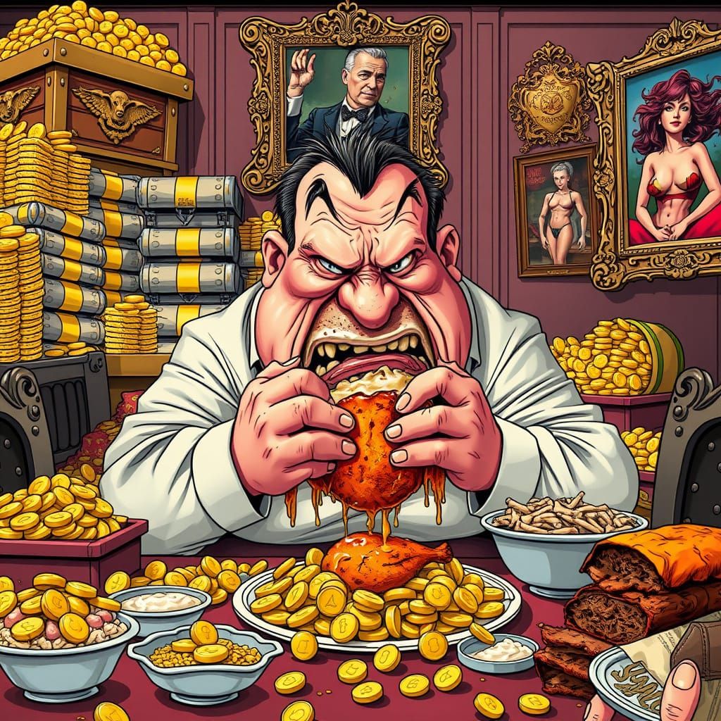 Surreal Satirical Cartoon Exposing Greed and Excess