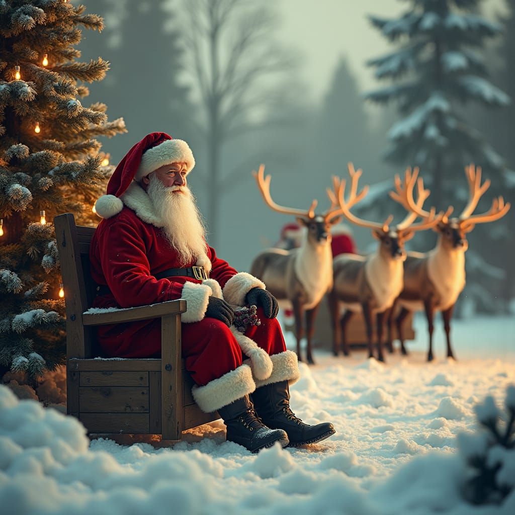 Vintage Christmas Scene with Santa Claus in Matte Painting S...