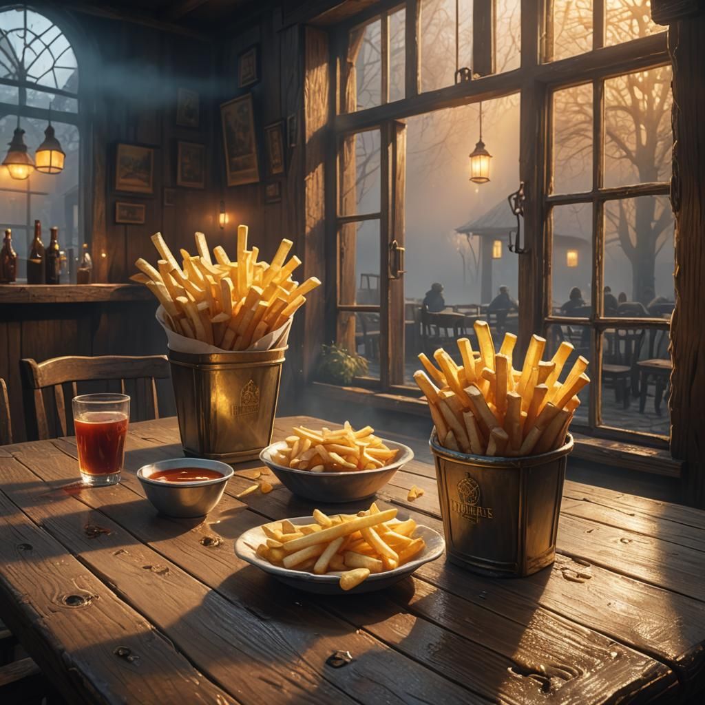 Fantasy French Fries in Medieval Tavern, Beksiński Style