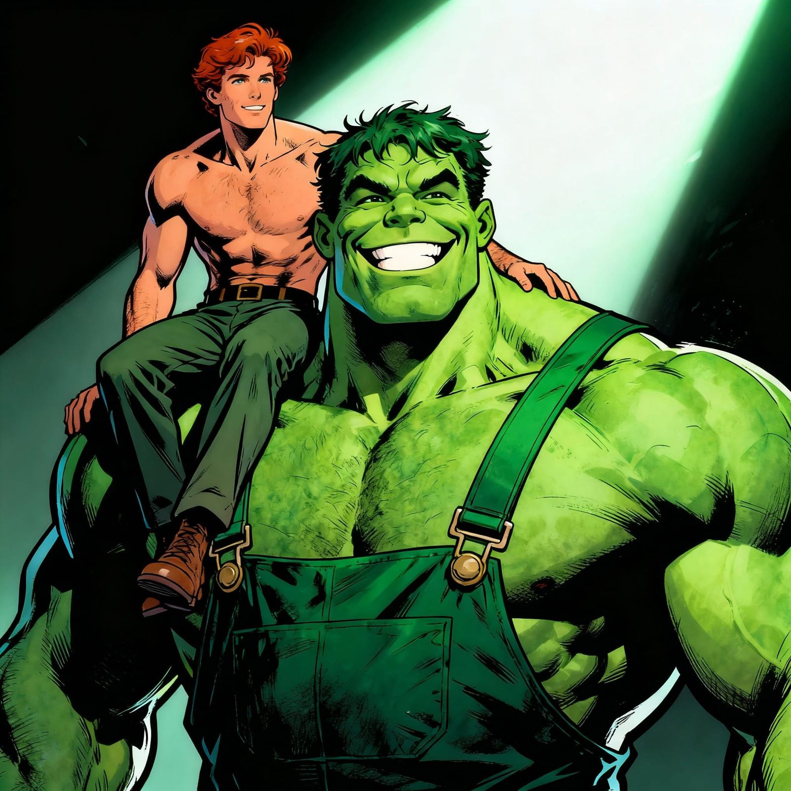 Muscular Green Giant and Auburn Man in Comic Style