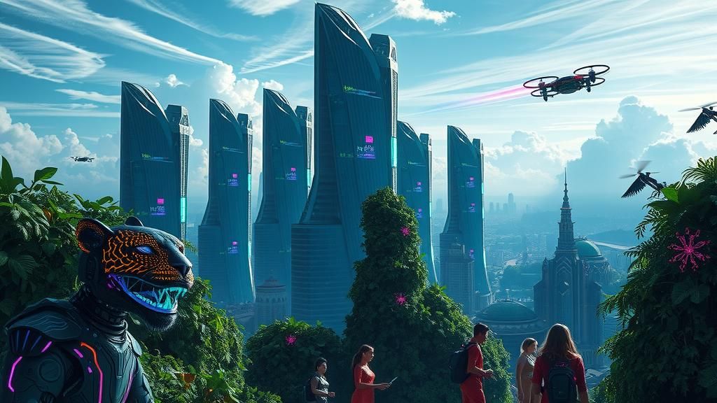 Futuristic Cityscape: Bioluminescent Nature and AI Creatures