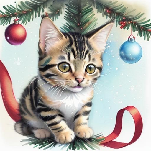 Cute Tabby Kitten Christmas Card Illustration
