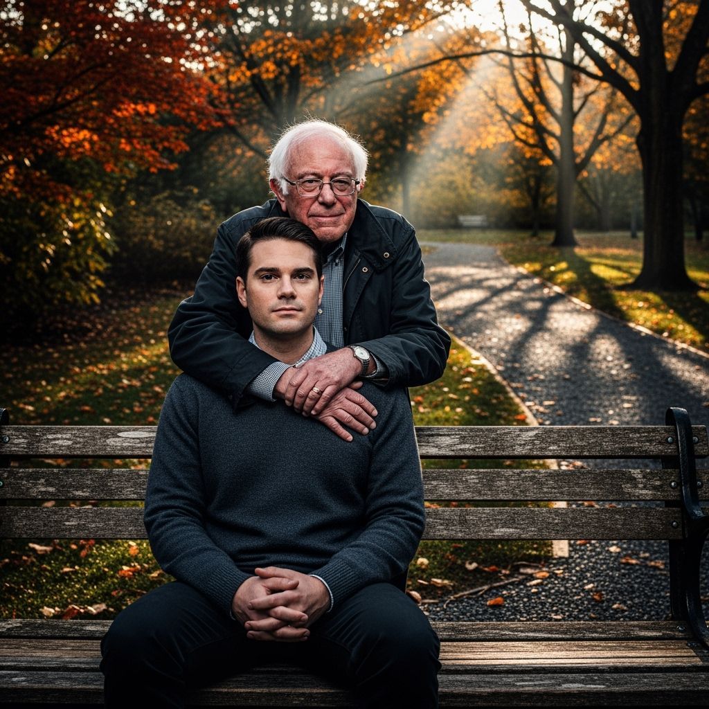 Ben Shapiro and Bernie Sanders on Park Bench in Autumn