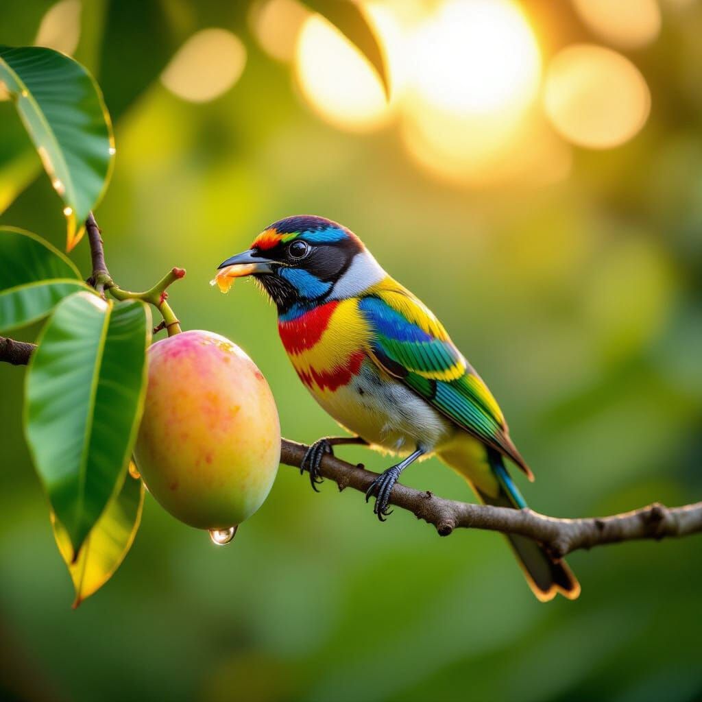 Colorful Bird Eating Mango in Tropical Forest