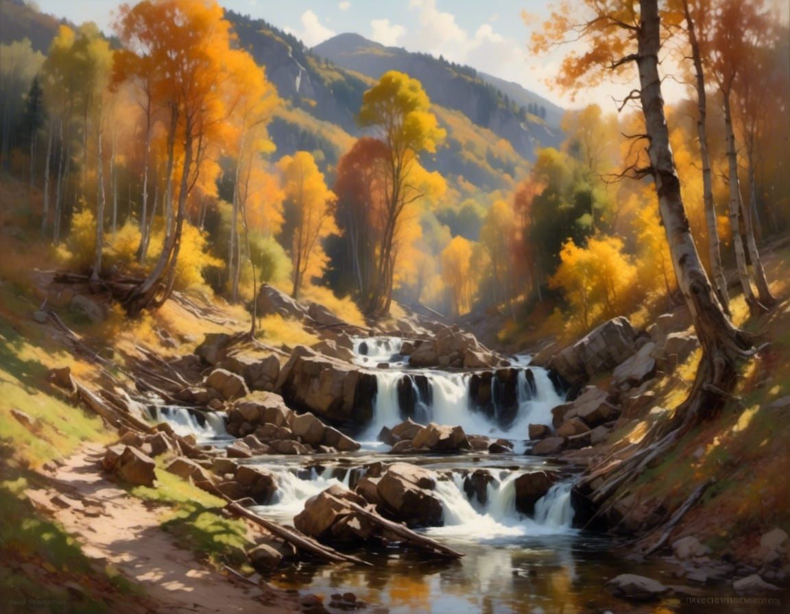 Sunlit Waterfall in Autumn Aspen Forest